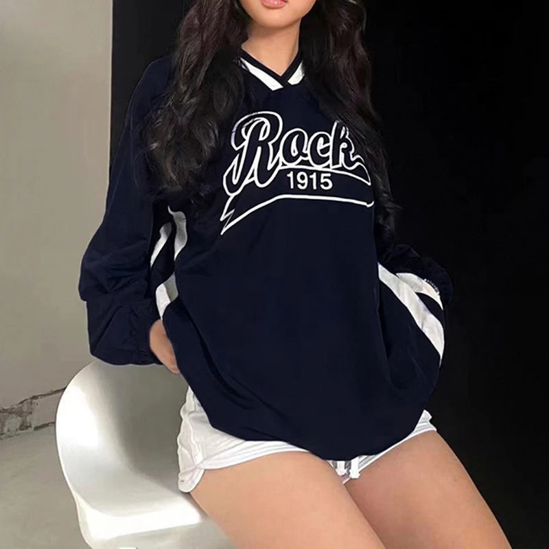 BIIKPIIK-Sudadera larga con capucha y cuello en V para mujer, abrigo informal con estampado de letras y rayas laterales, moda de otoño, combina con todo