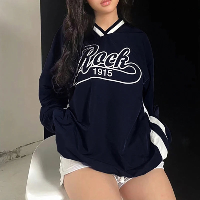 BIIKPIIK-Sudadera larga con capucha y cuello en V para mujer, abrigo informal con estampado de letras y rayas laterales, moda de otoño, combina con todo
