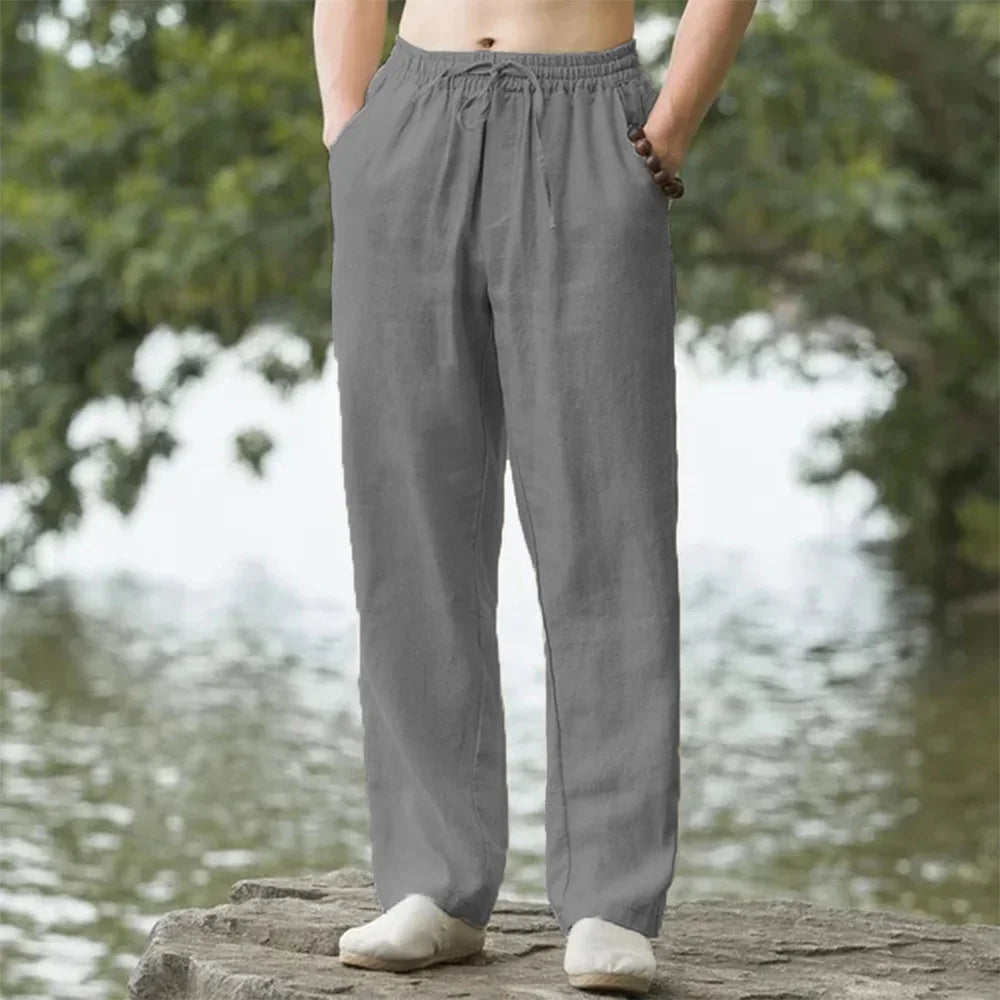 Pantalones de playa para hombre, ropa de calle, pantalones de chándal de lino y algodón, pantalones casuales, vacaciones hawaianas, sueltos, largos de verano
