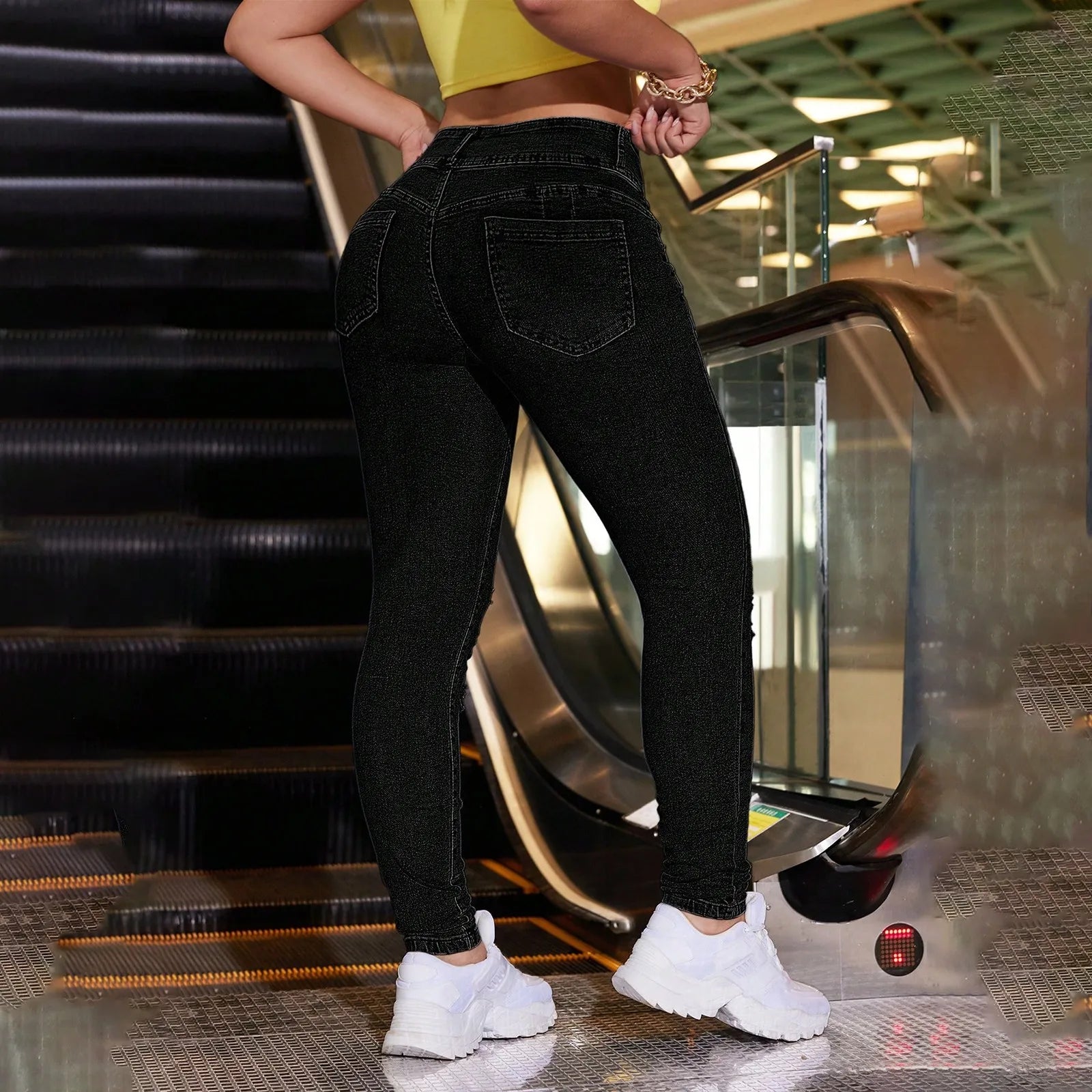 Pantalones vaqueros rasgados de tendencia para mujer, pantalones vaqueros ajustados a la moda informales con cintura alta elástica, pantalones vaqueros ajustados con realce de cadera, pantalones pitillo