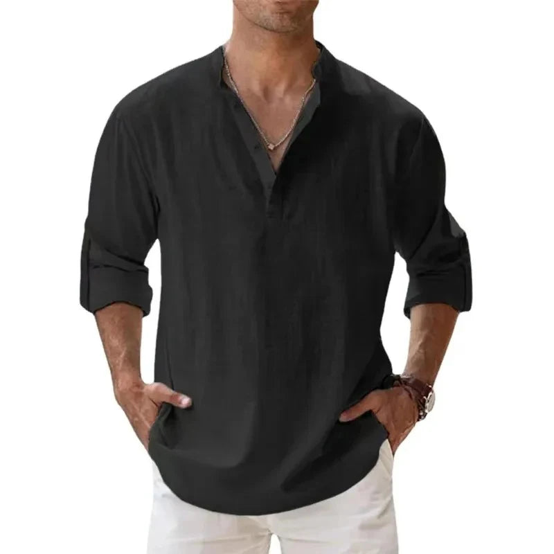 Ropa de calle, camisas ligeras para hombre, camisas de lino y algodón Henley de manga larga para hombre, camisas hawaianas de playa, camisetas con cuello transpirable