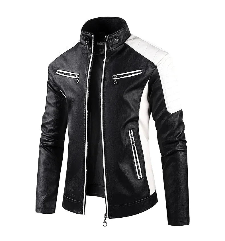 2025 nuevas chaquetas de bicicleta de motocicleta de cuero PU con cuello levantado bloqueado de Color para hombres, abrigo de PU informal fino multicolor para primavera y otoño