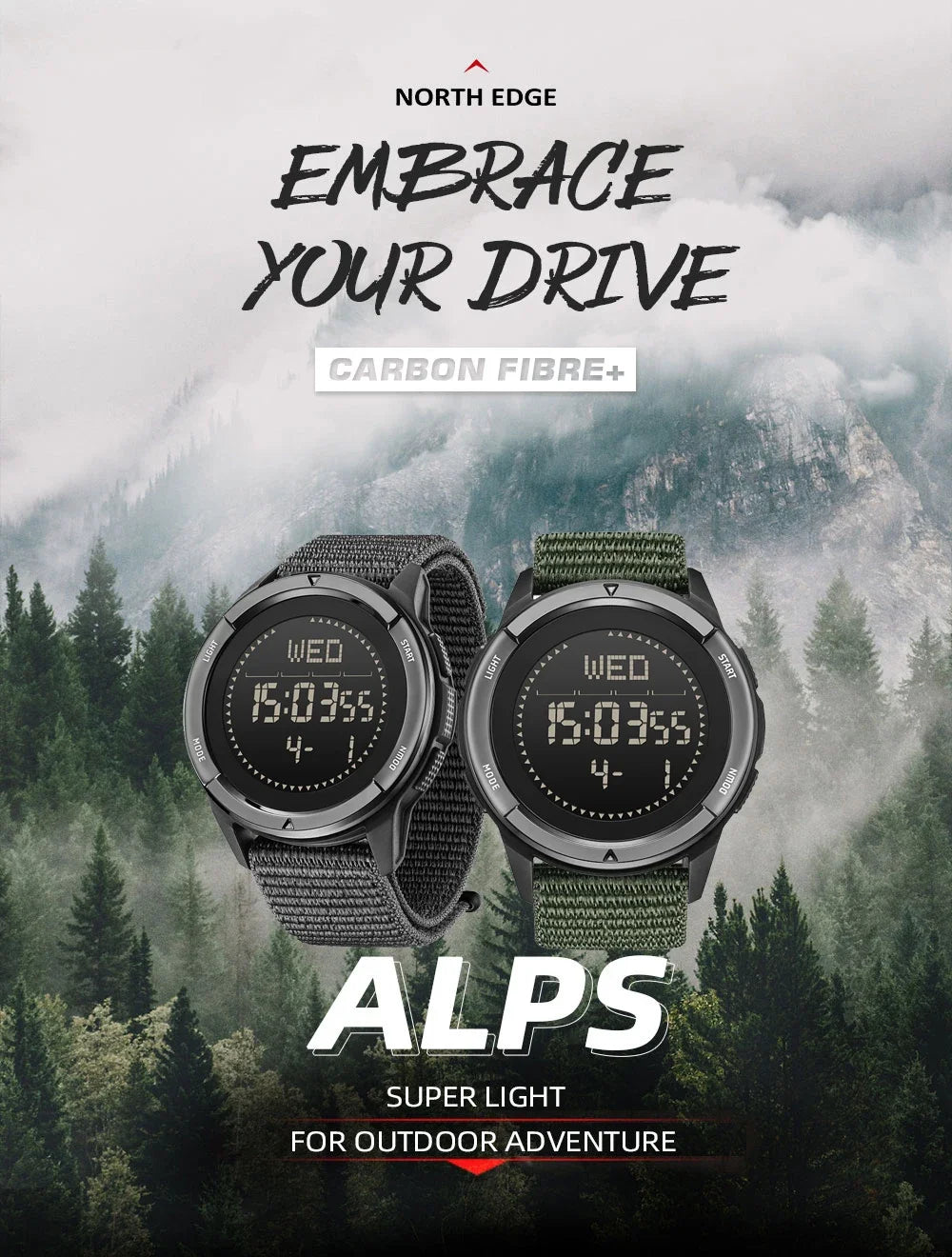 NORTH EDGE ALPS Reloj digital de fibra de carbono para hombre Shock Militray Sports Super ligero Brújula para exteriores Relojes de pulsera impermeables de 50 M