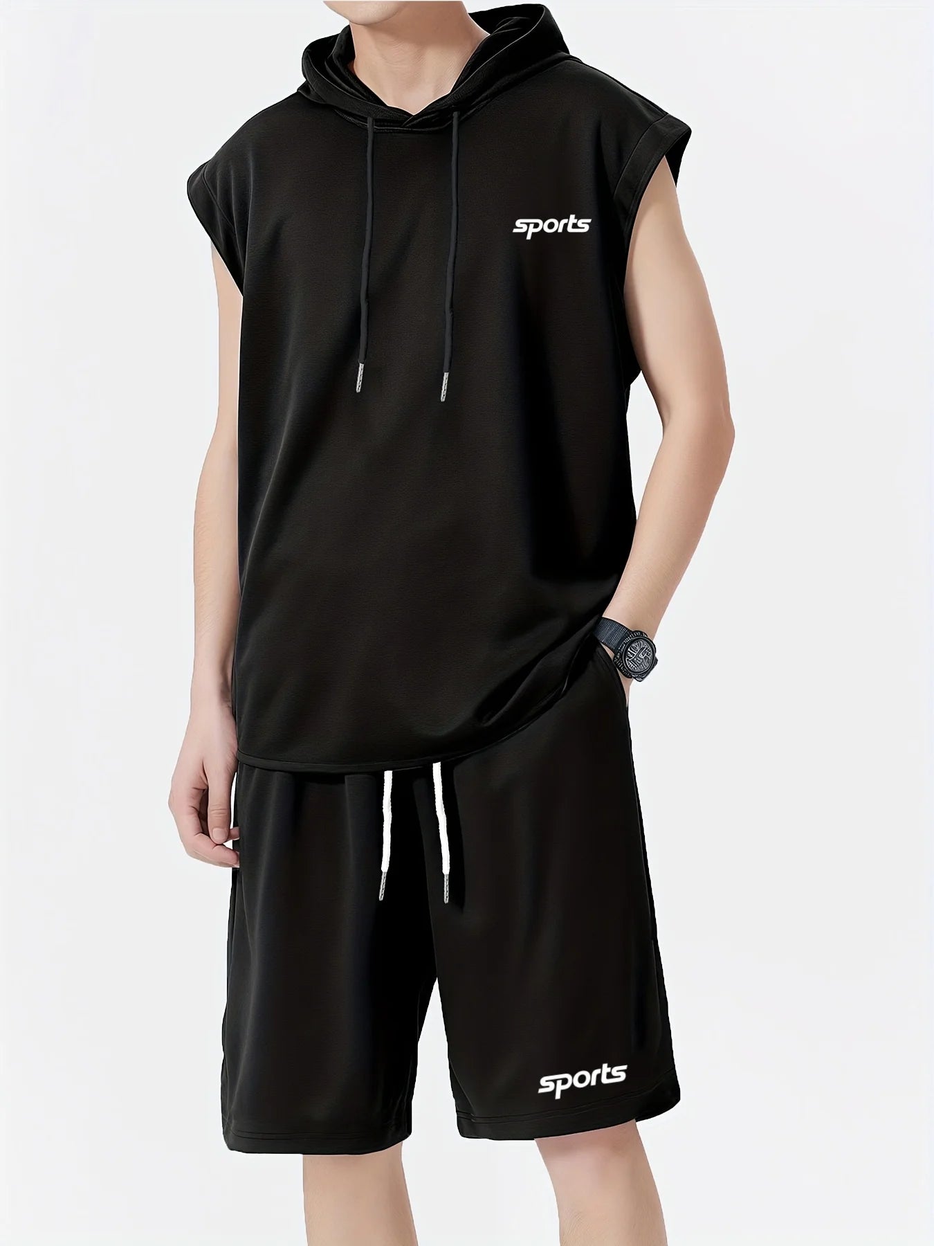 Camiseta deportiva de manga corta con capucha y pantalones cortos transpirables para hombre, conjunto de entrenamiento integral, ropa refrescante y de secado rápido