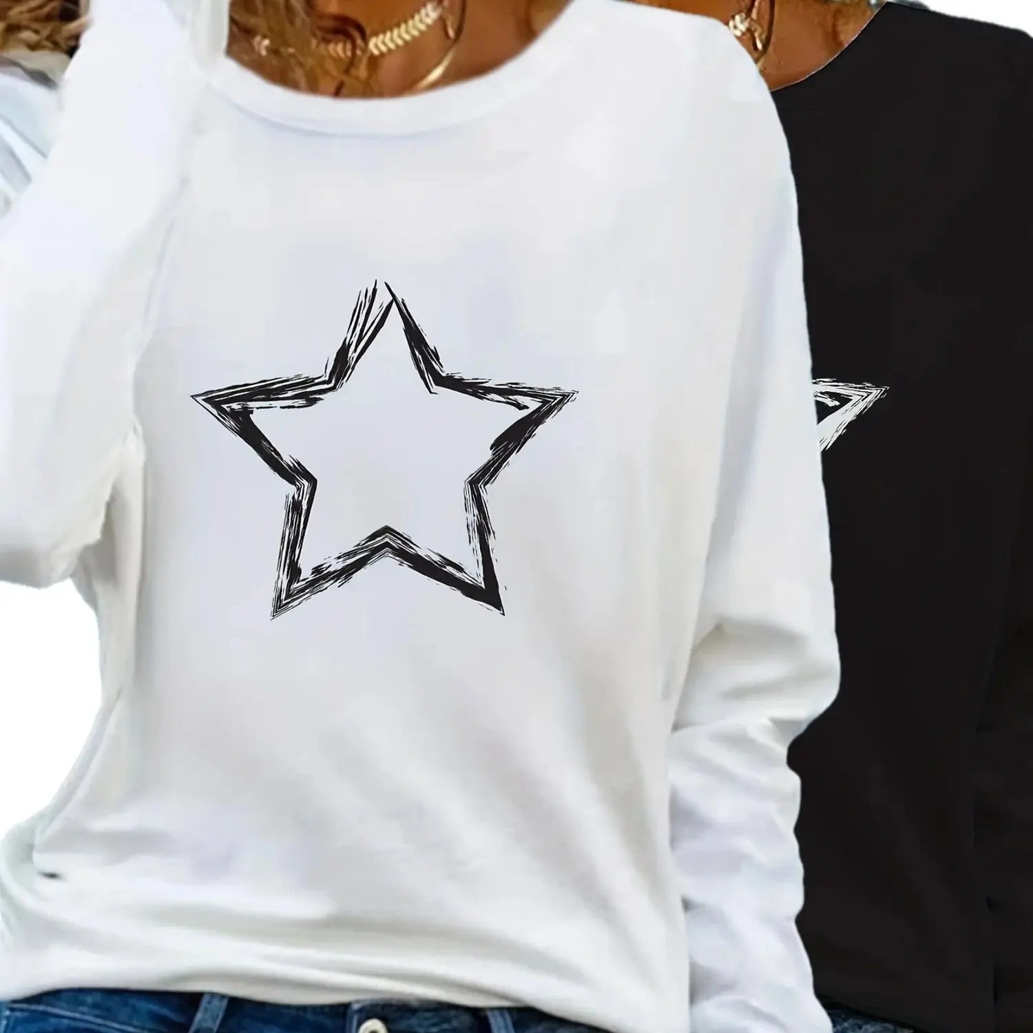Camiseta con cuello redondo y estampado de corazón para mujer, top informal largo de otoño e invierno, camiseta de manga larga holgada y cómoda en blanco y negro