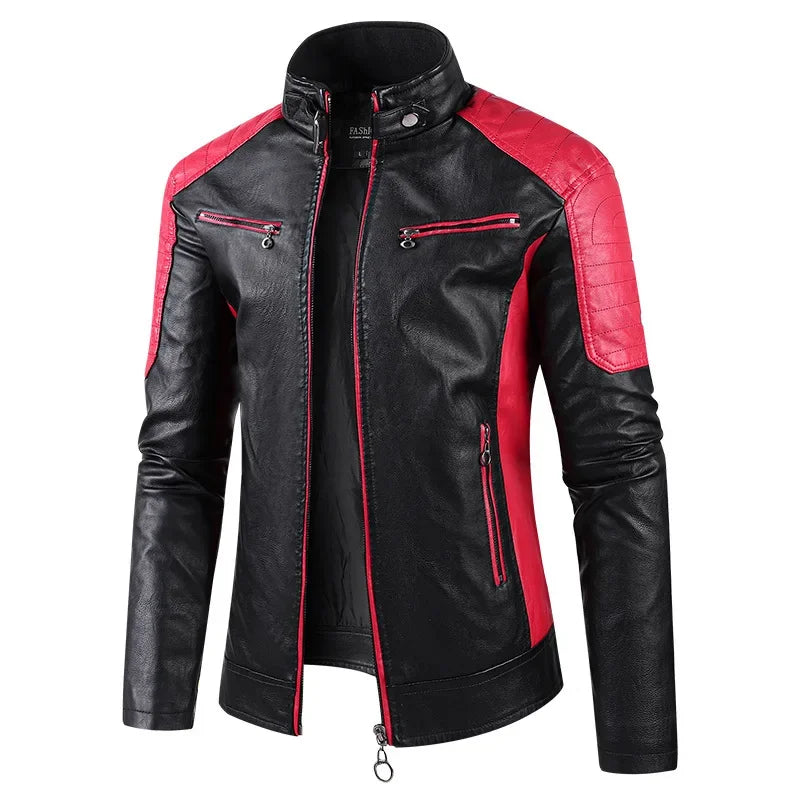 2025 nuevas chaquetas de bicicleta de motocicleta de cuero PU con cuello levantado bloqueado de Color para hombres, abrigo de PU informal fino multicolor para primavera y otoño
