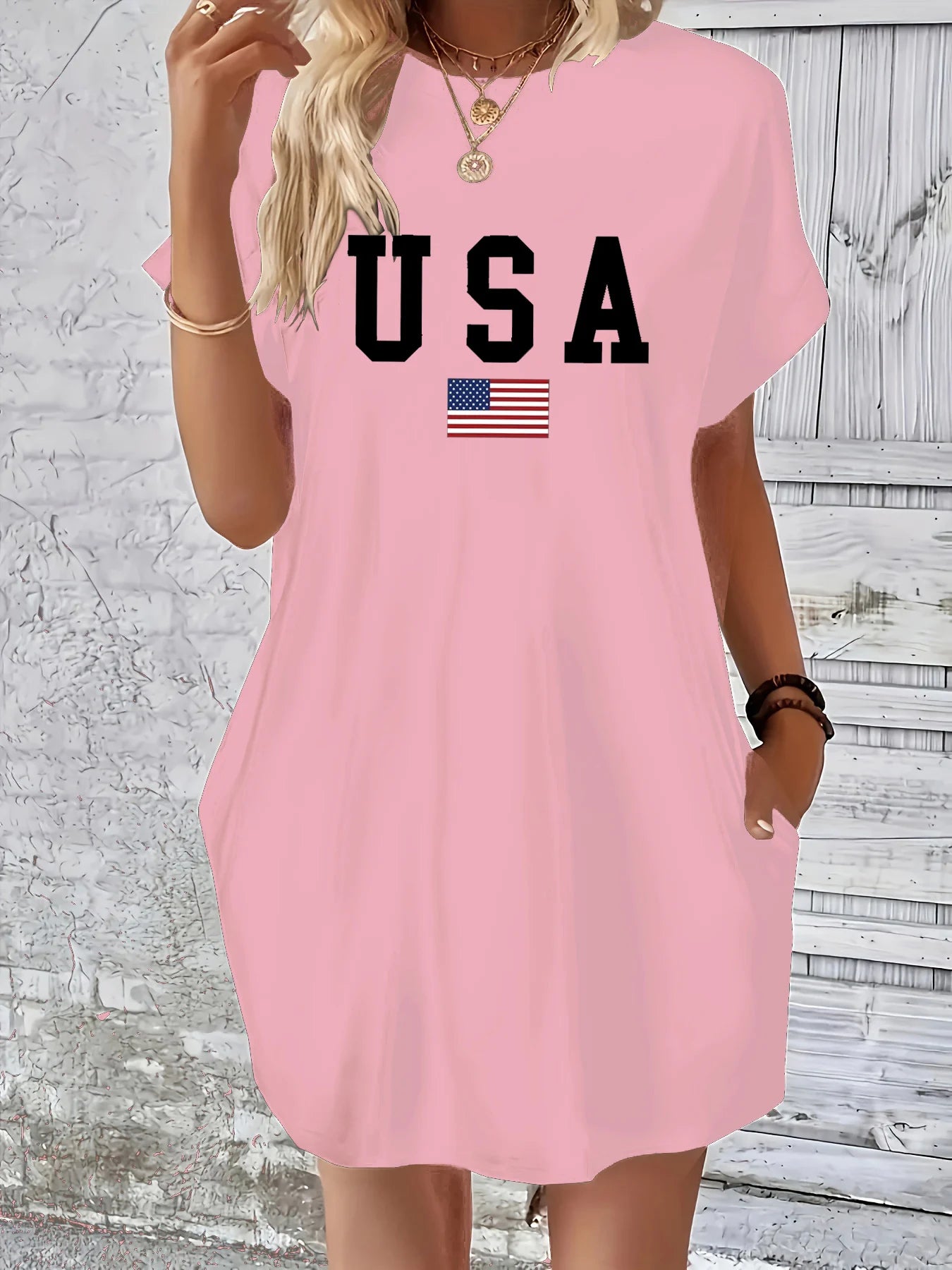 Vestido informal cómodo con bolsillo y manga corta y cuello redondo con estampado de bandera de EE. UU. clásico holgado de verano para mujer