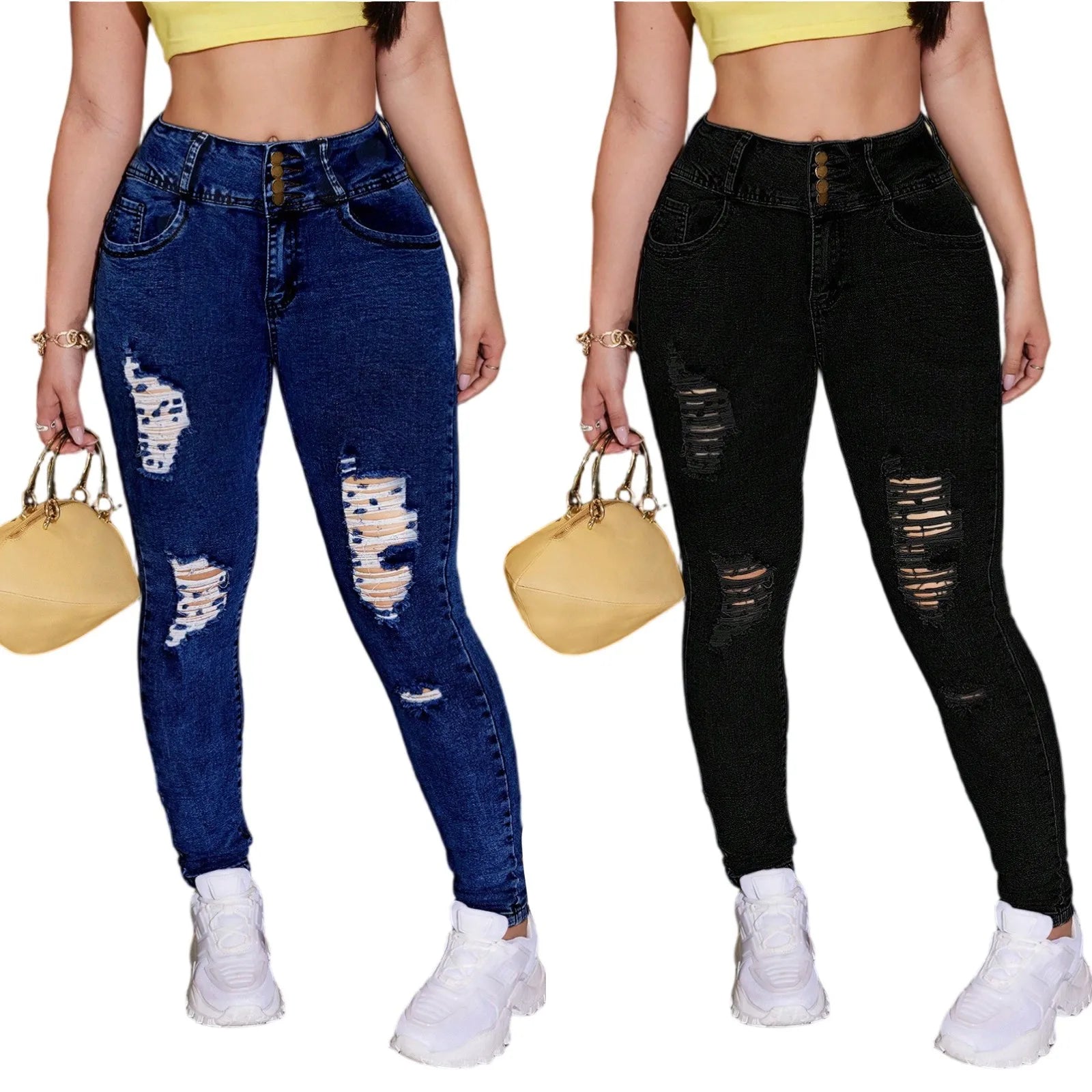 Pantalones vaqueros rasgados de tendencia para mujer, pantalones vaqueros ajustados a la moda informales con cintura alta elástica, pantalones vaqueros ajustados con realce de cadera, pantalones pitillo