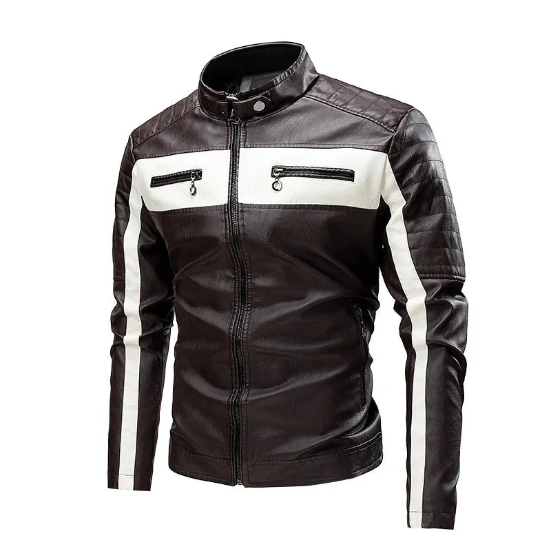 2025 nuevas chaquetas de bicicleta de motocicleta de cuero PU con cuello levantado bloqueado de Color para hombres, abrigo de PU informal fino multicolor para primavera y otoño
