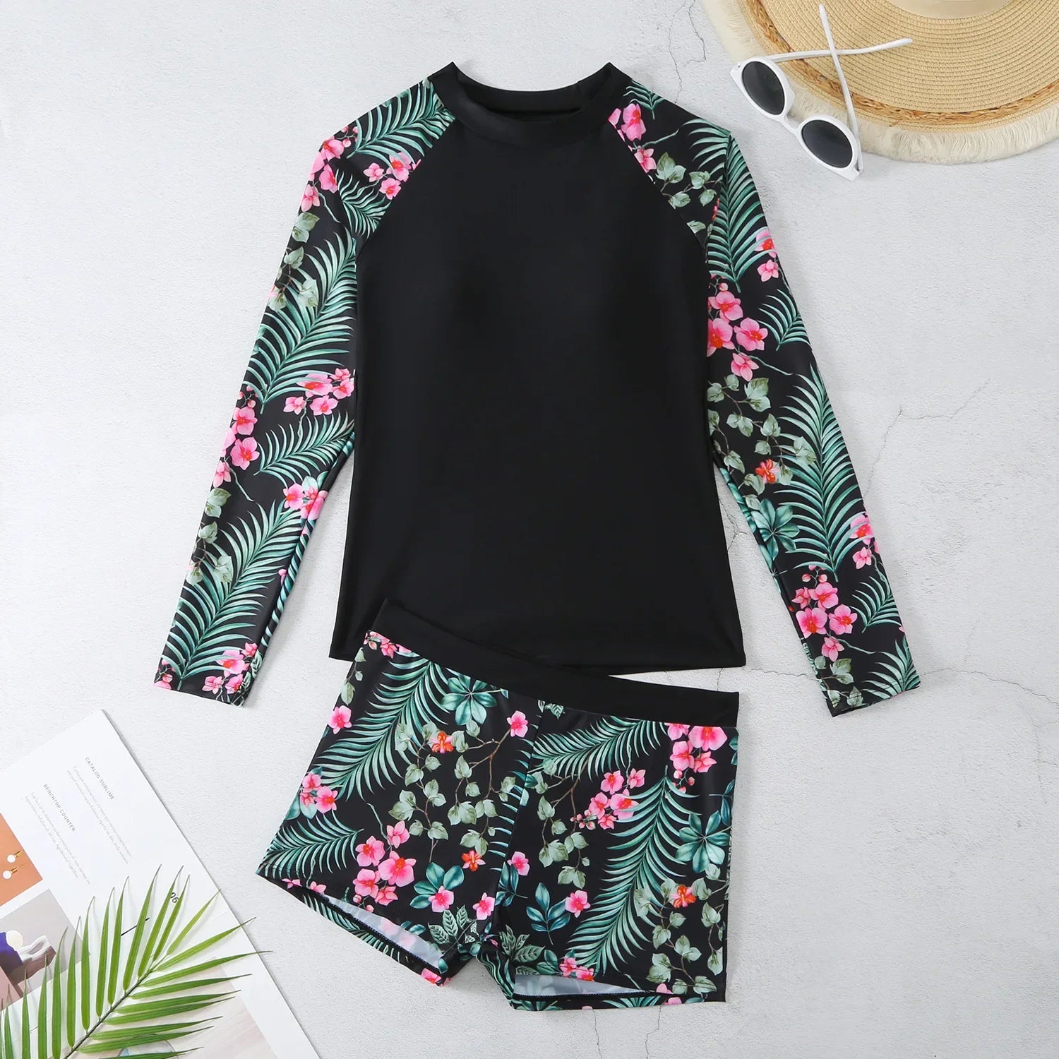 Nuevo conjunto de Bikini estampado de manga larga con cuello redondo protección solar ajustado trajes de baño separados para mujer marca china AE Stock