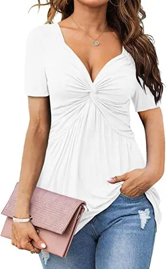 Camisas con cuello en V para mujer, Tops de manga frontal con nudo frontal, blusa larga informal elegante con pecho liso, camiseta, jersey